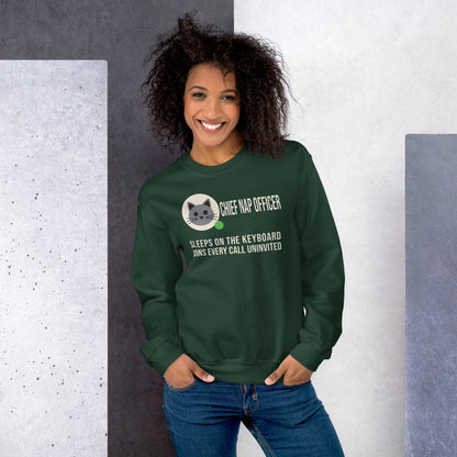 Chief Nap Officer cat profile card crewneck sweatshirt — Forest Green, on model