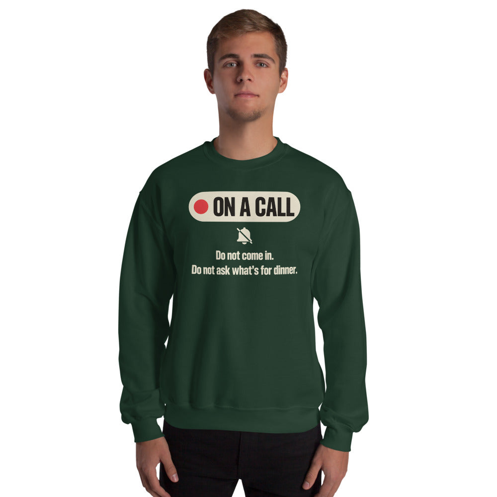 On A Call do not disturb status crewneck sweatshirt — Forest Green, on model