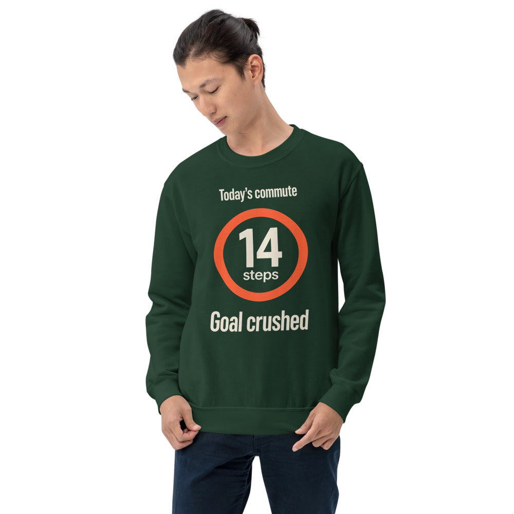Today's Commute 14 Steps work from home crewneck sweatshirt — Forest Green, on model