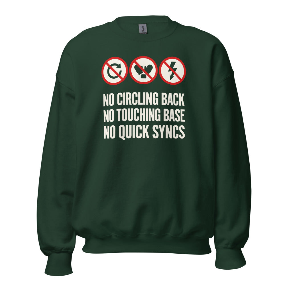No Circling Back corporate jargon prohibition signs crewneck sweatshirt — Forest Green, front
