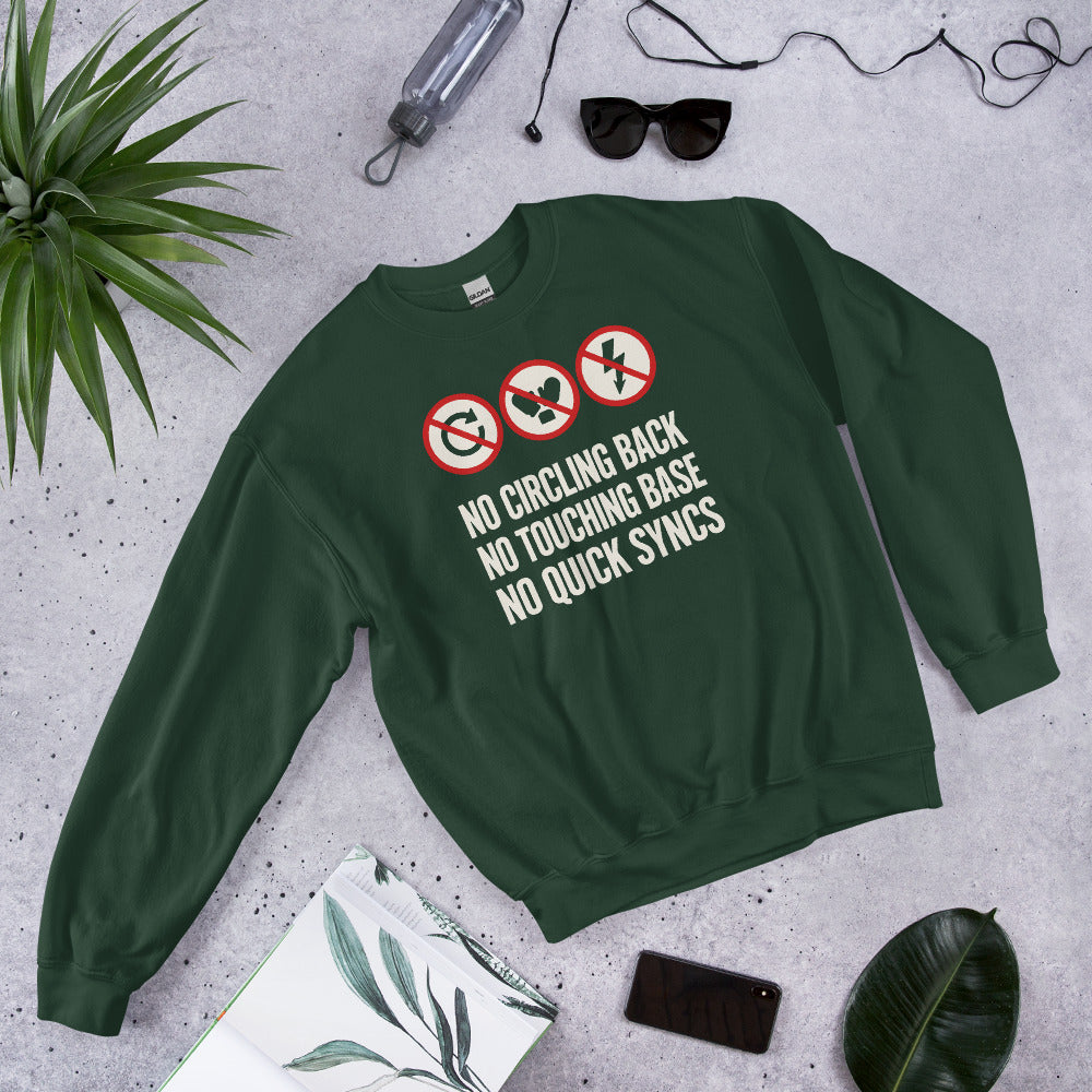 No Circling Back corporate jargon prohibition signs crewneck sweatshirt — Forest Green, flat lay