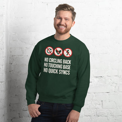 No Circling Back corporate jargon prohibition signs crewneck sweatshirt — Forest Green, on model