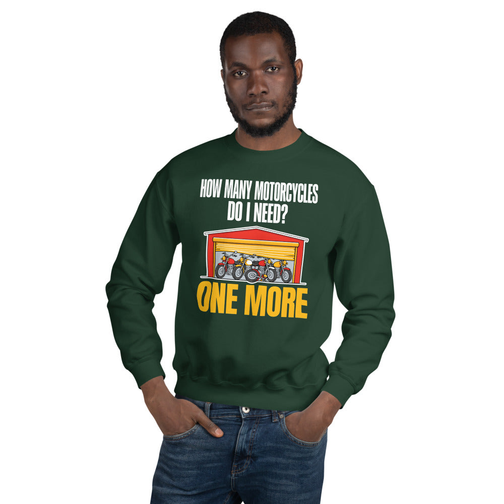 One More funny motorcycle crewneck sweatshirt — Forest Green, on model
