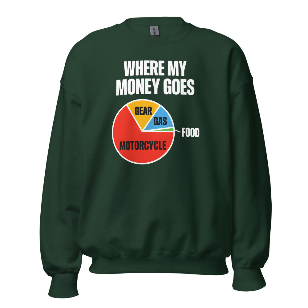 Where My Money Goes funny motorcycle crewneck sweatshirt — Forest Green, front
