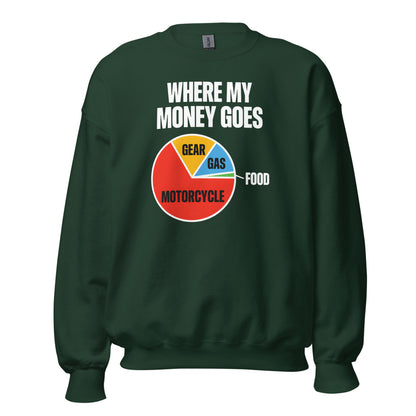 Where My Money Goes funny motorcycle crewneck sweatshirt — Forest Green, front