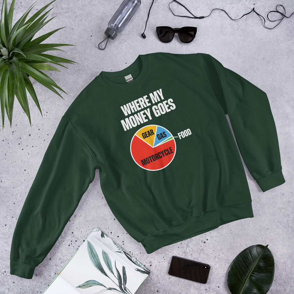 Where My Money Goes funny motorcycle crewneck sweatshirt — Forest Green, flat lay