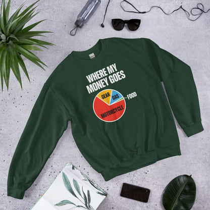 Where My Money Goes funny motorcycle crewneck sweatshirt — Forest Green, flat lay