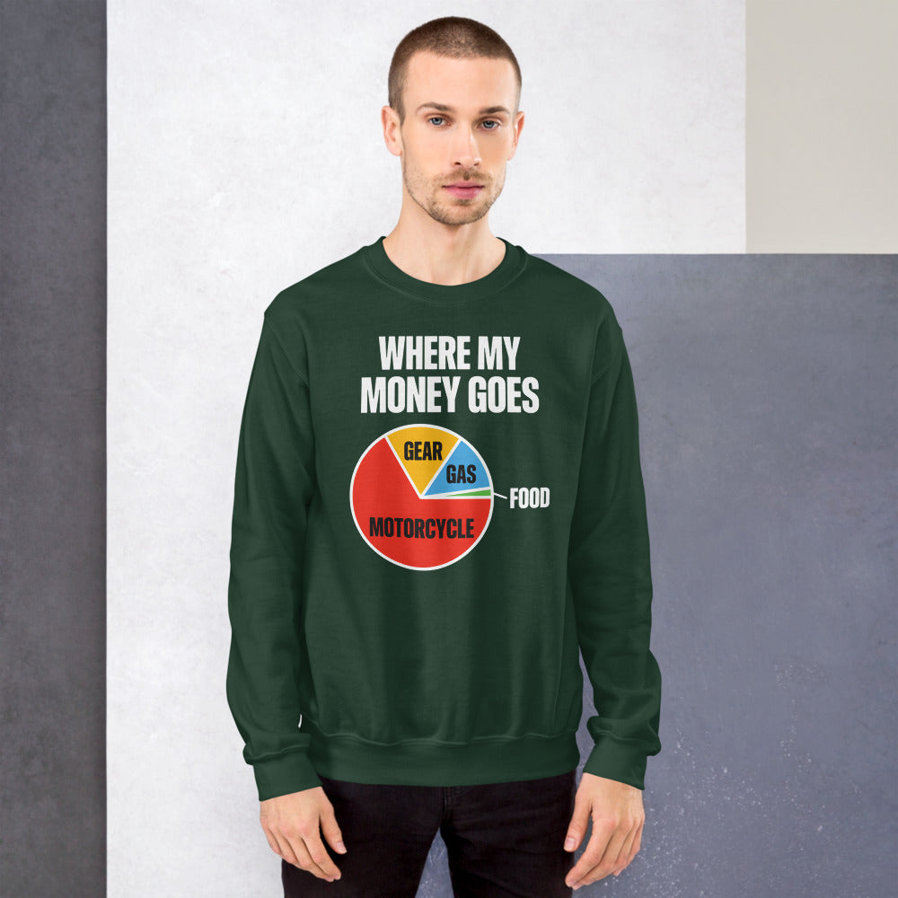 Where My Money Goes funny motorcycle crewneck sweatshirt — Forest Green, on model