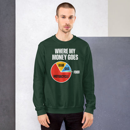 Where My Money Goes funny motorcycle crewneck sweatshirt — Forest Green, on model