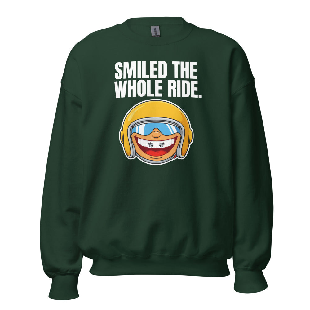 Smiled The Whole Ride funny motorcycle crewneck sweatshirt — Forest Green, front