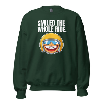 Smiled The Whole Ride funny motorcycle crewneck sweatshirt — Forest Green, front