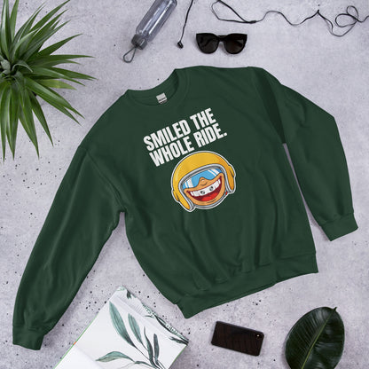 Smiled The Whole Ride funny motorcycle crewneck sweatshirt — Forest Green, flat lay