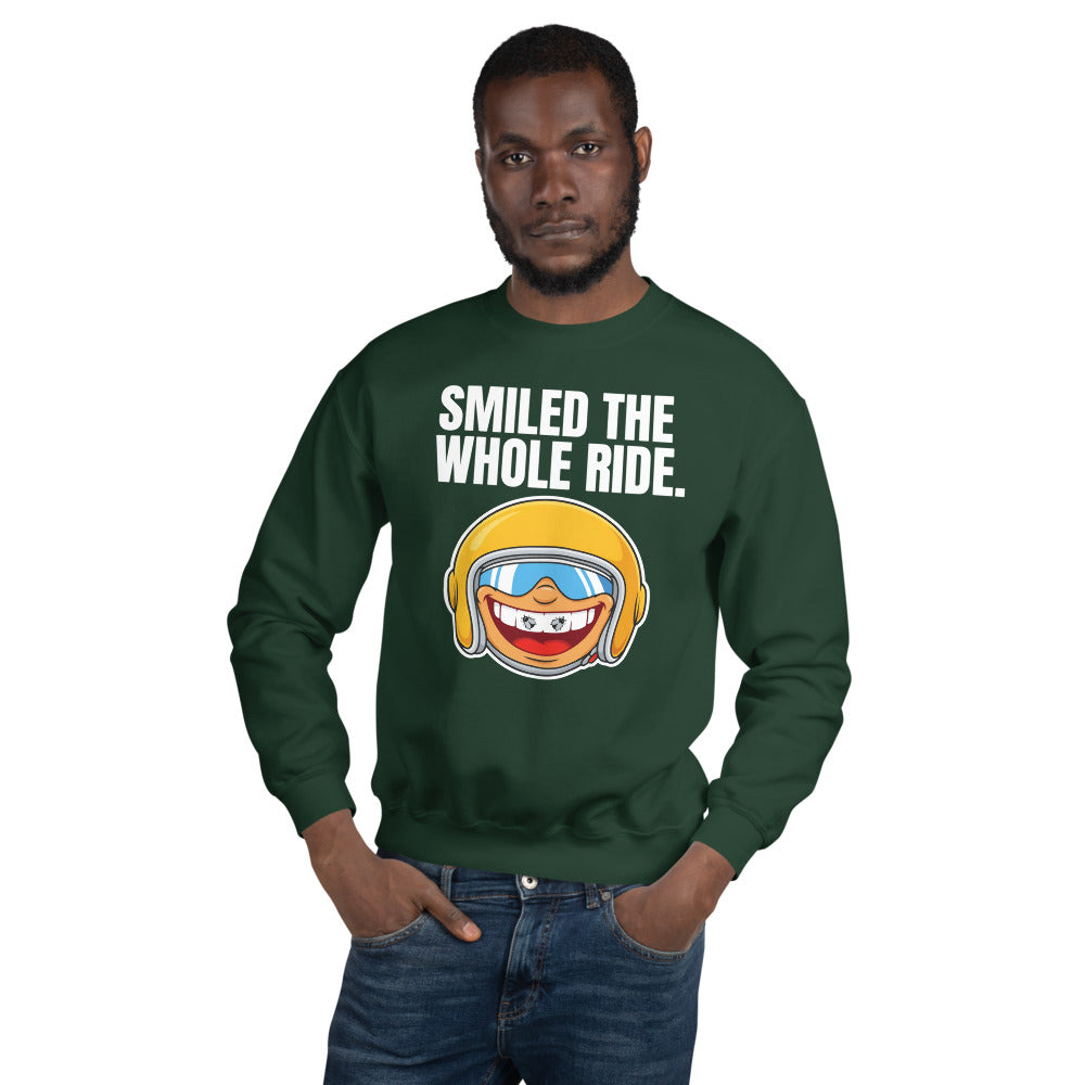 Smiled The Whole Ride funny motorcycle crewneck sweatshirt — Forest Green, on model