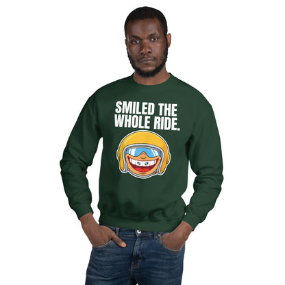 Smiled The Whole Ride funny motorcycle crewneck sweatshirt — Forest Green, on model