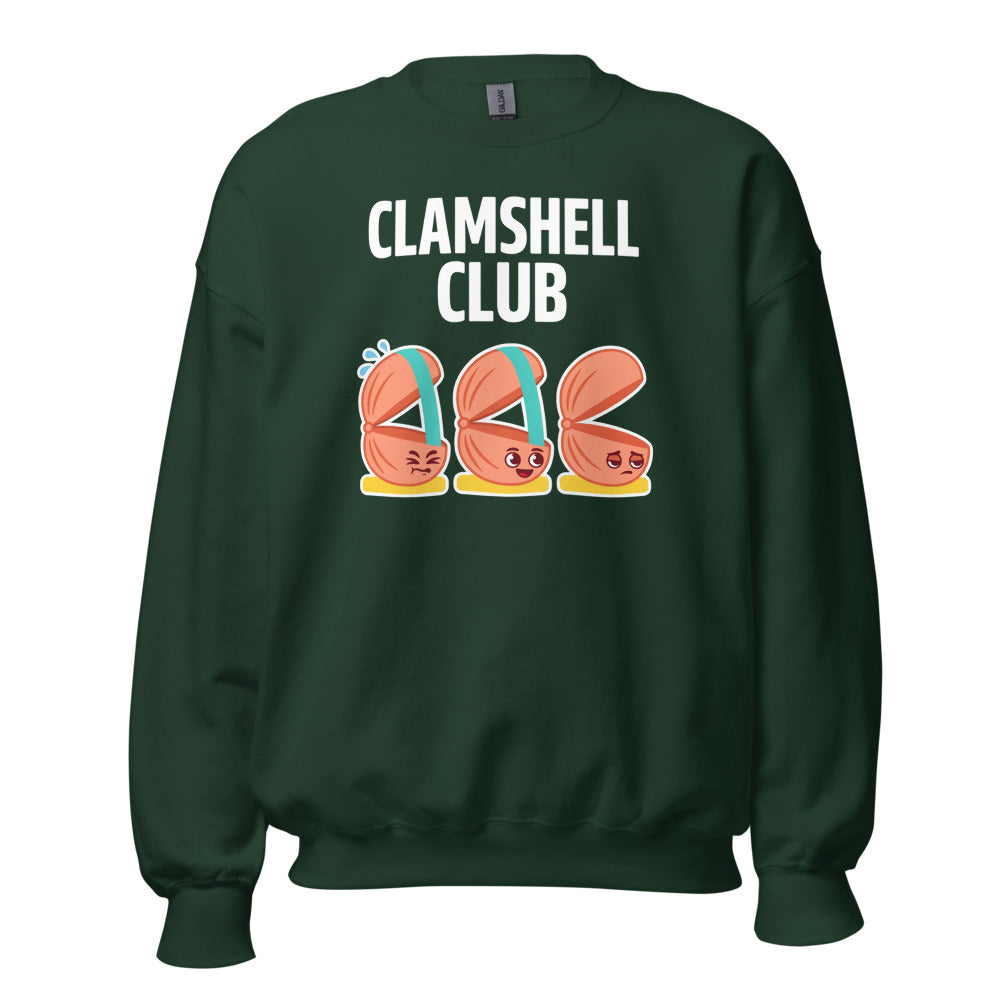 Clamshell Club funny physical therapy crewneck sweatshirt — Forest Green, front