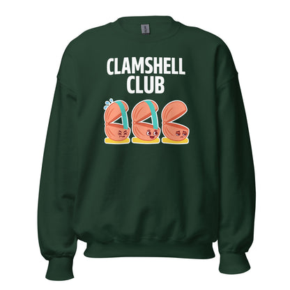 Clamshell Club funny physical therapy crewneck sweatshirt — Forest Green, front