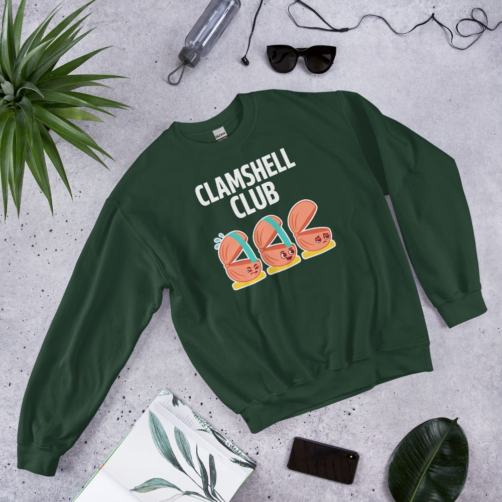 Clamshell Club funny physical therapy crewneck sweatshirt — Forest Green, flat lay