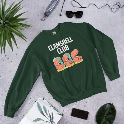 Clamshell Club funny physical therapy crewneck sweatshirt — Forest Green, flat lay