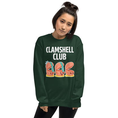 Clamshell Club funny physical therapy crewneck sweatshirt — Forest Green, on model