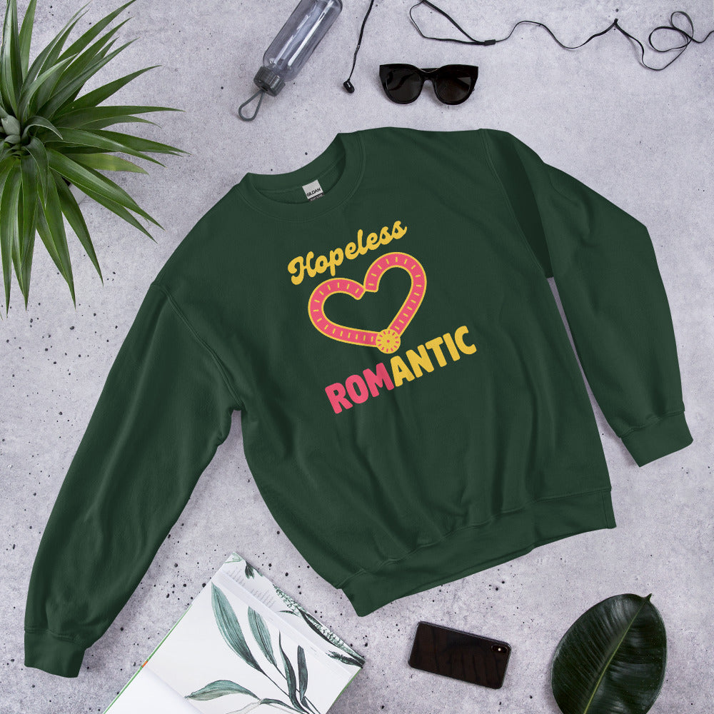 Hopeless ROMantic funny physical therapy crewneck sweatshirt — Forest Green, flat lay
