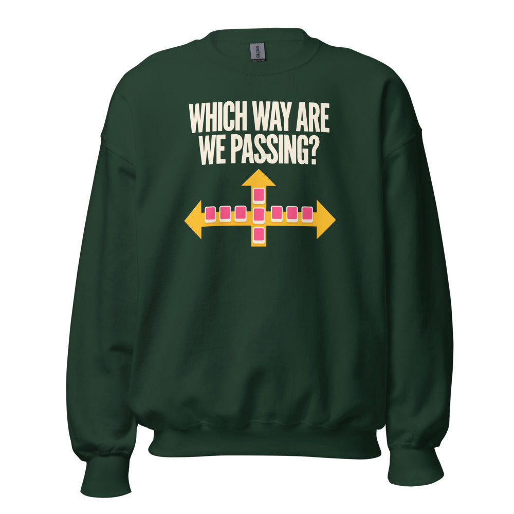 Which Way Are We Passing funny mahjong crewneck sweatshirt — Forest Green, front