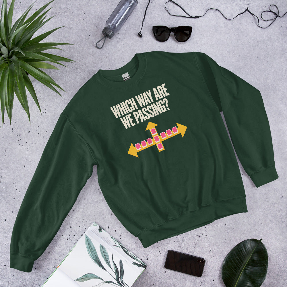 Which Way Are We Passing funny mahjong crewneck sweatshirt — Forest Green, flat lay