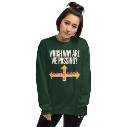 Which Way Are We Passing funny mahjong crewneck sweatshirt — Forest Green, on model