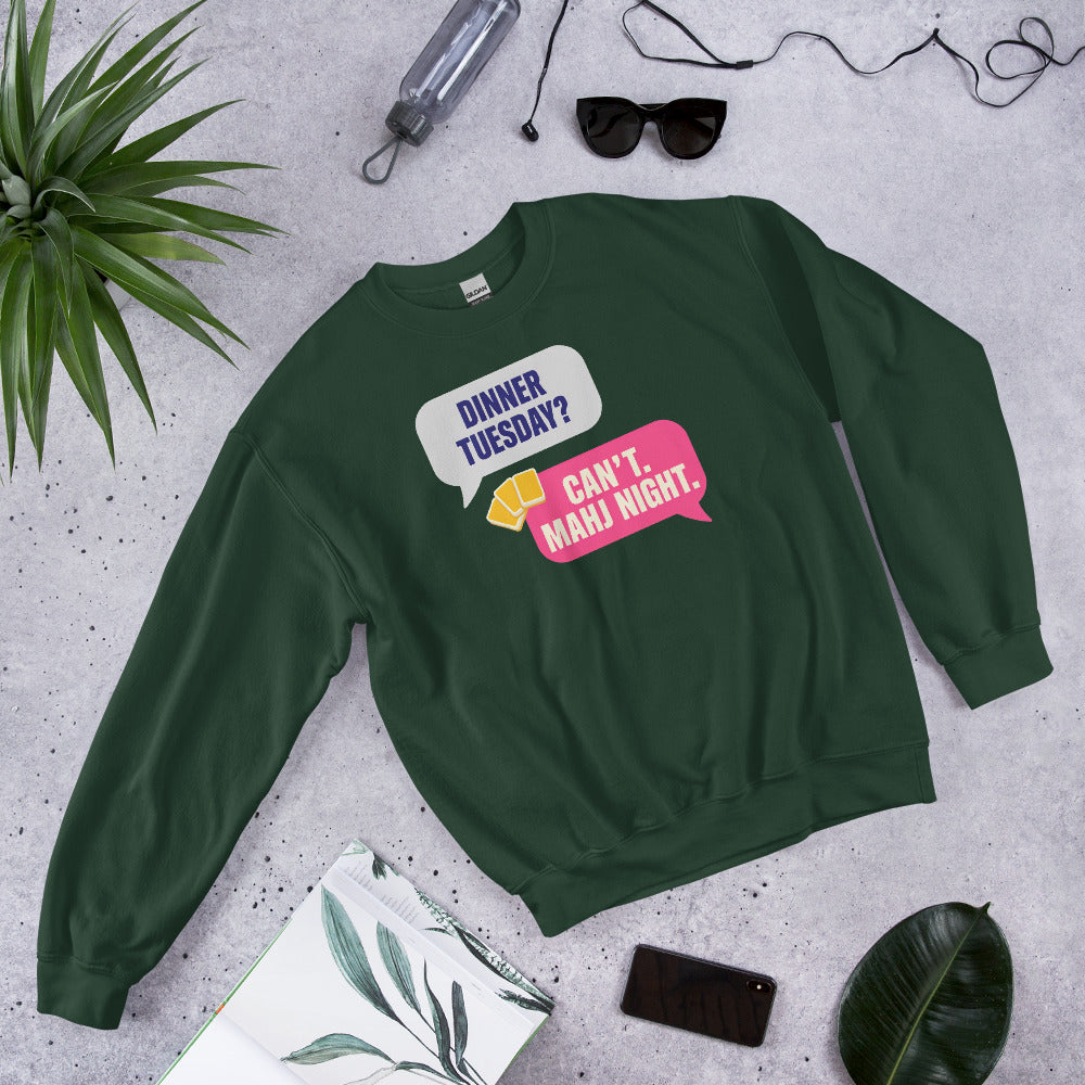 Mahj Night funny mahjong crewneck sweatshirt — Forest Green, flat lay