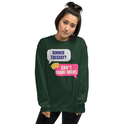 Mahj Night funny mahjong crewneck sweatshirt — Forest Green, on model