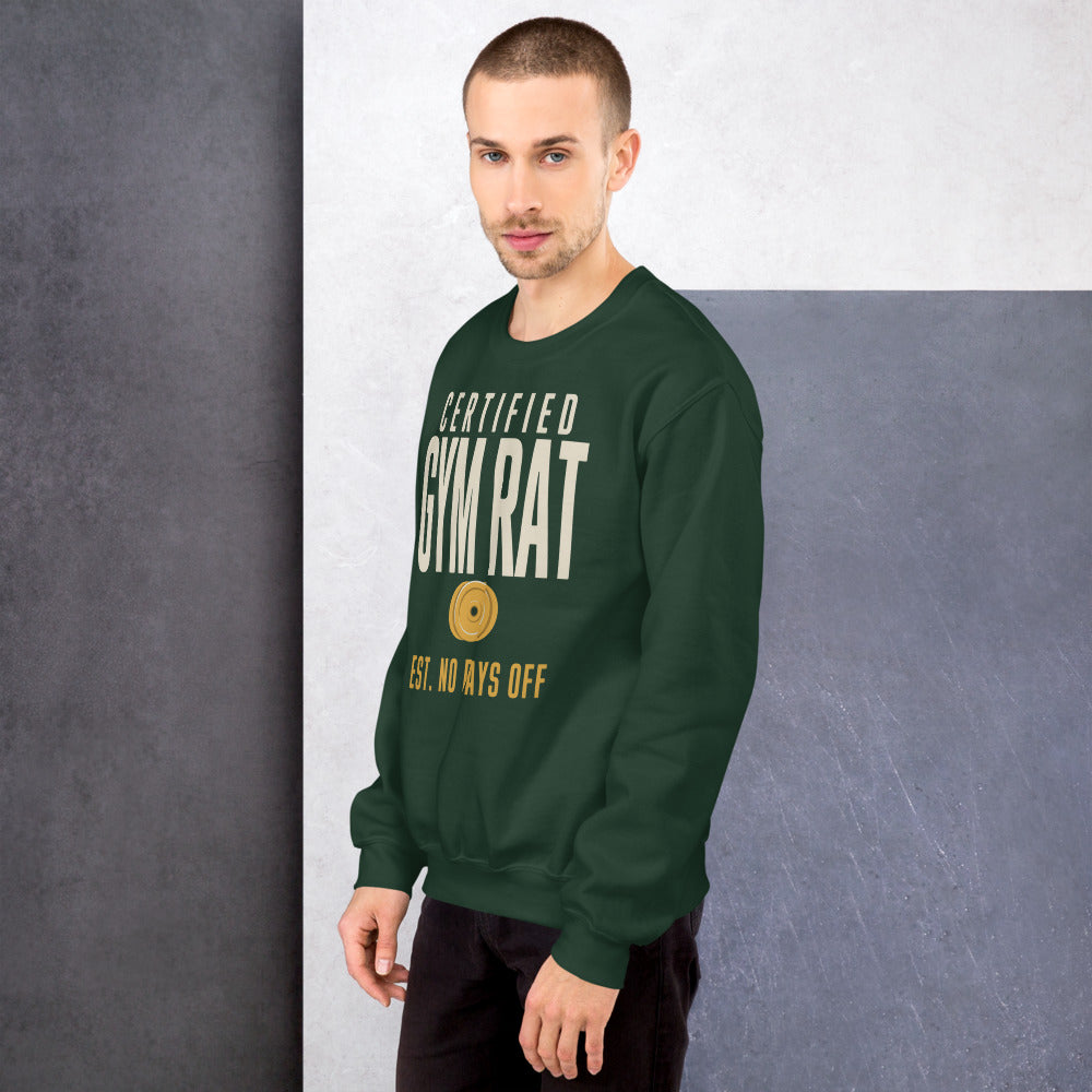 Certified Gym Rat vintage athletic crewneck sweatshirt — Forest Green, on model