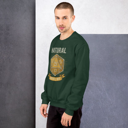 Natural 20 critical hit d20 tabletop RPG crewneck sweatshirt — Forest Green, on model