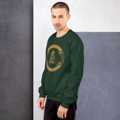 Dice Goblin Hoard Responsibly tabletop RPG crewneck sweatshirt — Forest Green, on model