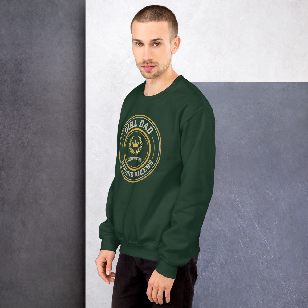 Girl Dad Raising Queens crest crewneck sweatshirt — Forest Green, on model