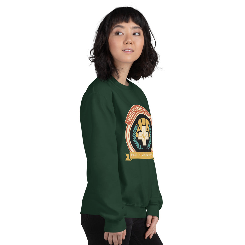 Registered Nurse vintage healthcare emblem badge crewneck sweatshirt — Forest Green, on model