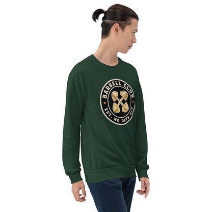 Barbell Club No Days Off vintage gym crewneck sweatshirt — Forest Green, on model