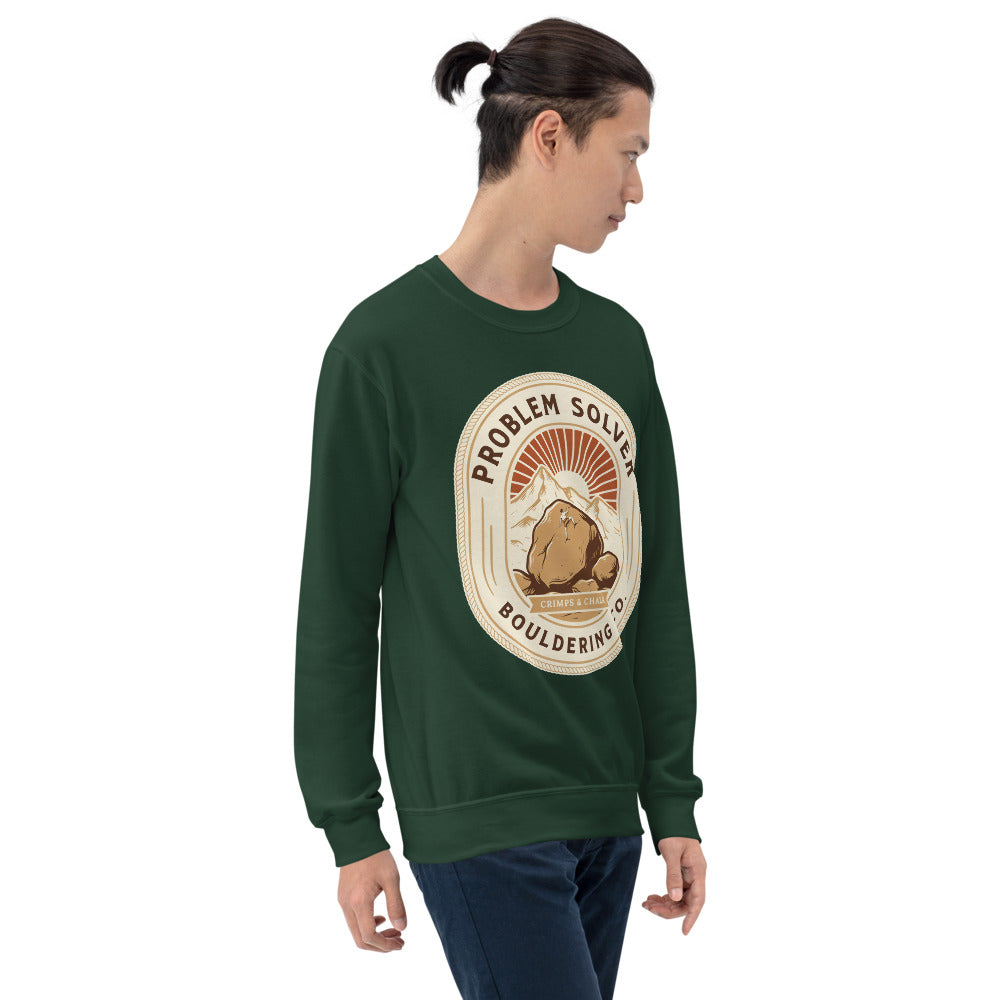 Problem Solver Bouldering Badge crewneck sweatshirt — Forest Green, on model
