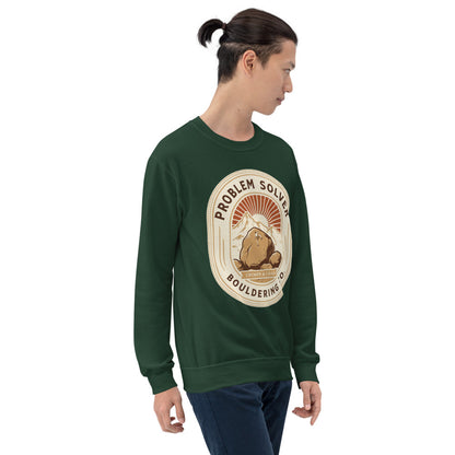 Problem Solver Bouldering Badge crewneck sweatshirt — Forest Green, on model
