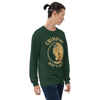 Crimpin' Ain't Easy bouldering badge crewneck sweatshirt — Forest Green, on model