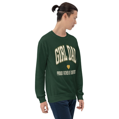 Girl Dad retro varsity crewneck sweatshirt — Forest Green, on model