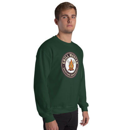 Grill Master retro backyard smokehouse crewneck sweatshirt — Forest Green, on model