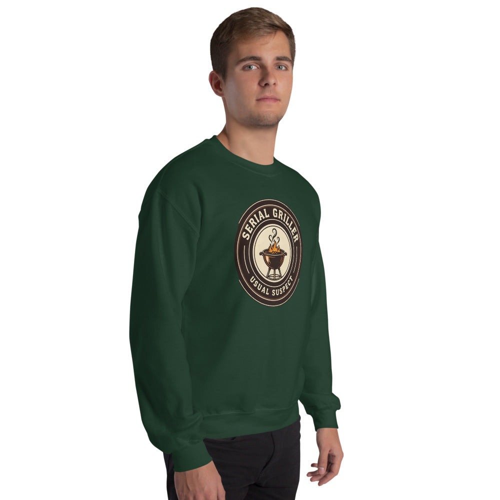 Serial Griller funny BBQ crewneck sweatshirt — Forest Green, on model