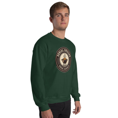 Serial Griller funny BBQ crewneck sweatshirt — Forest Green, on model
