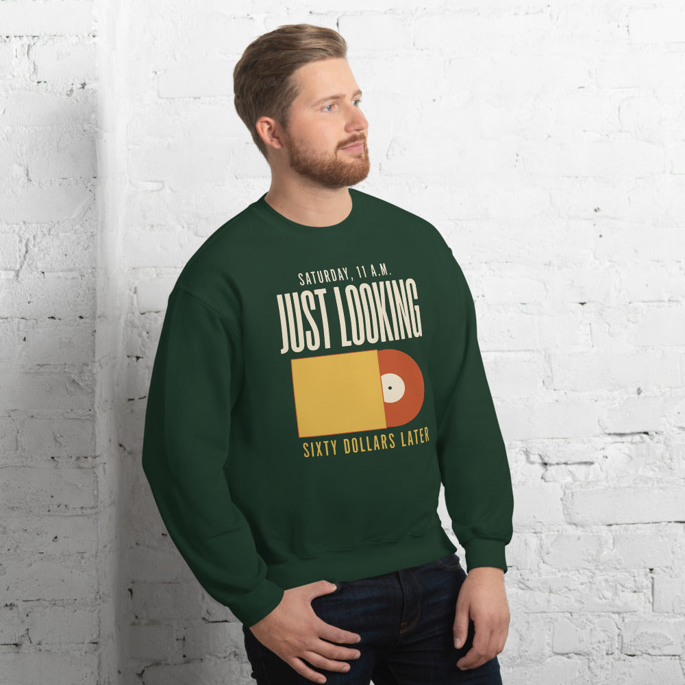 Just Looking Sixty Dollars Later vinyl record crewneck sweatshirt — Forest Green, on model
