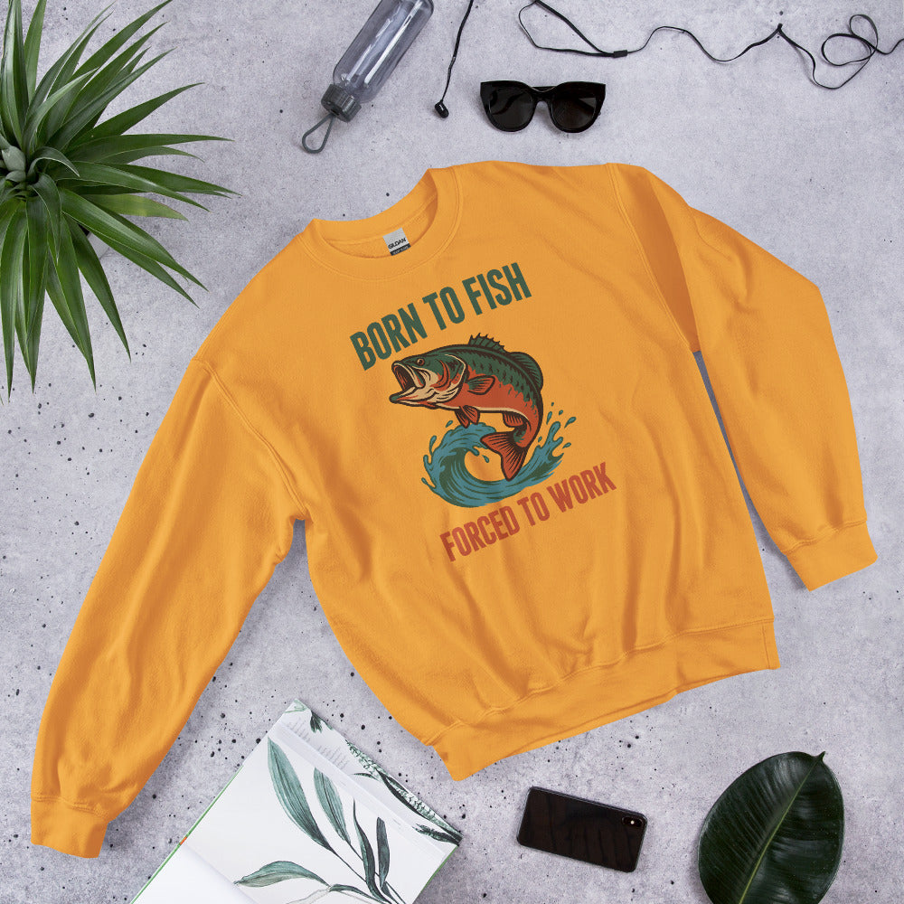 Born to Fish Forced to Work retro fishing humor crewneck sweatshirt — Gold, front-right