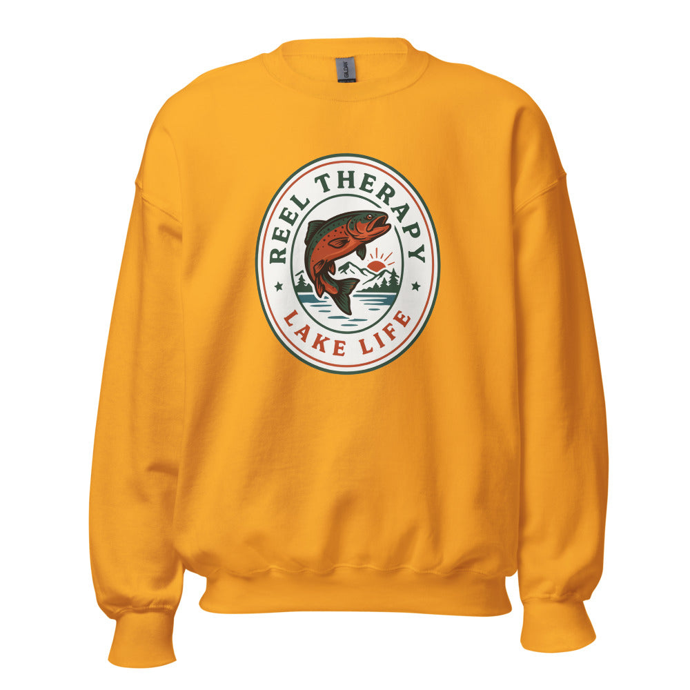 Reel Therapy retro national-park trout badge fishing crewneck sweatshirt — Gold, front