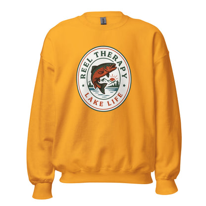 Reel Therapy retro national-park trout badge fishing crewneck sweatshirt — Gold, front