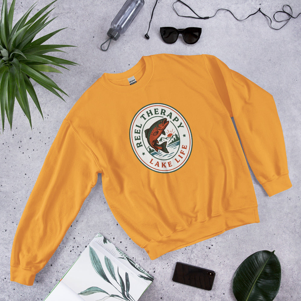 Reel Therapy retro national-park trout badge fishing crewneck sweatshirt — Gold, front-right