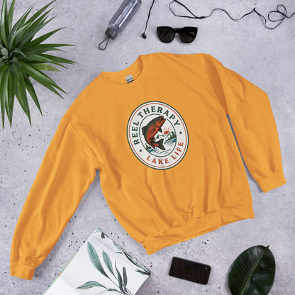 Reel Therapy retro national-park trout badge fishing crewneck sweatshirt — Gold, front-right
