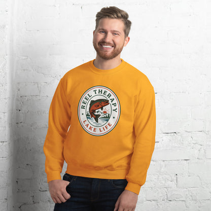 Reel Therapy retro national-park trout badge fishing crewneck sweatshirt — Gold, on model