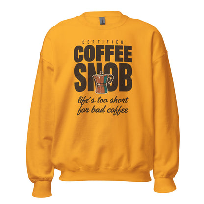 Certified Coffee Snob coffee crewneck sweatshirt — Gold, front